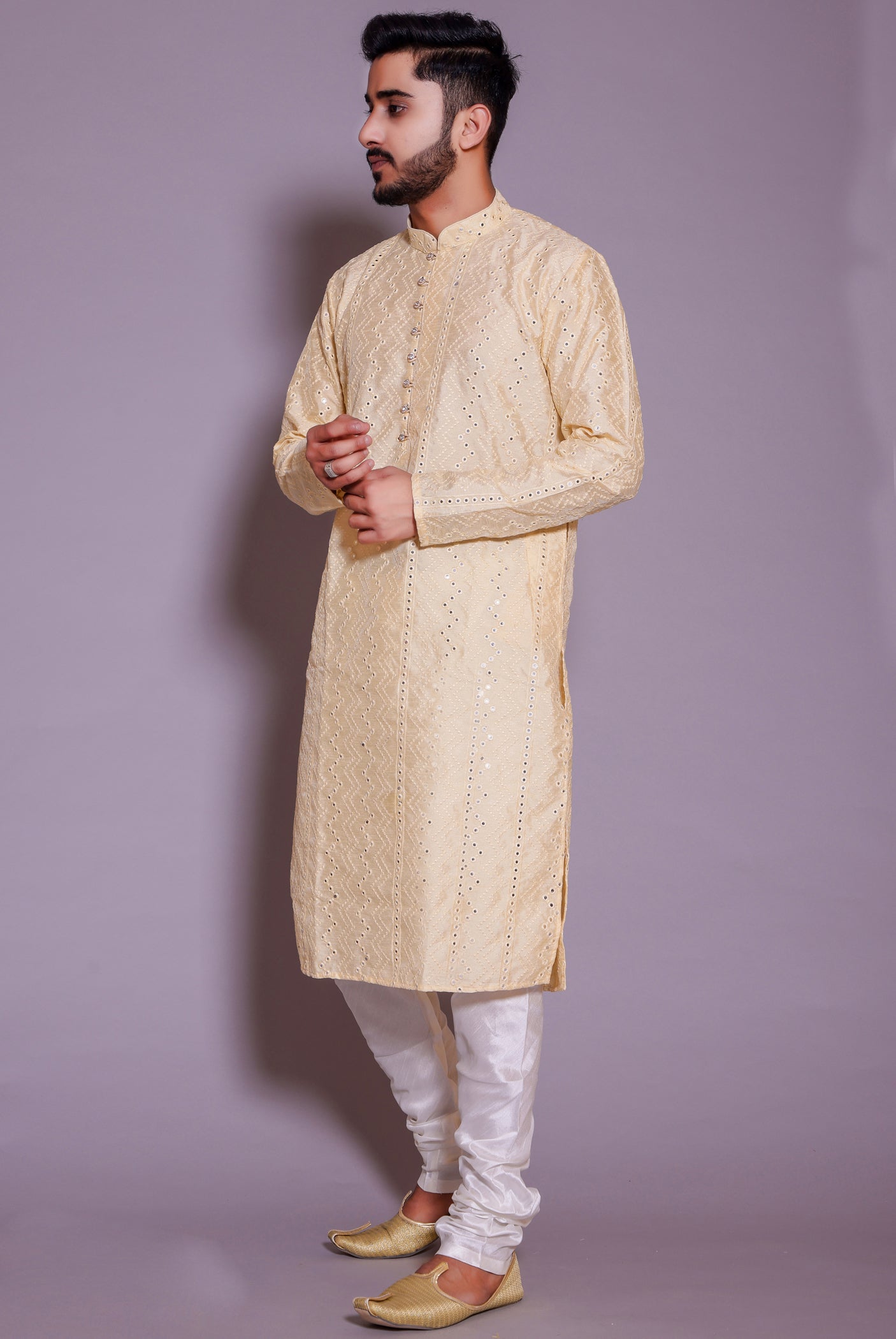 Cream Raw Silk Kurta Suit with mirror and thread work