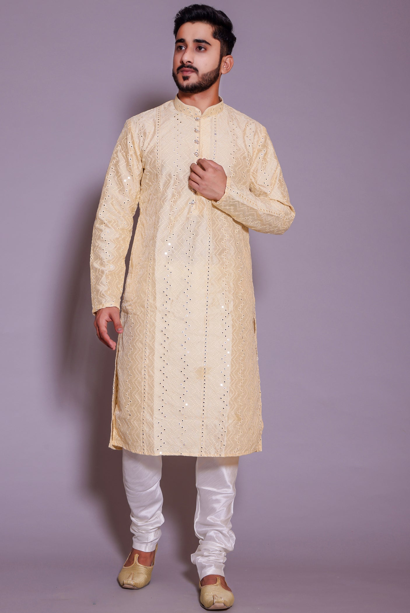 Cream Raw Silk Kurta Suit with mirror and thread work