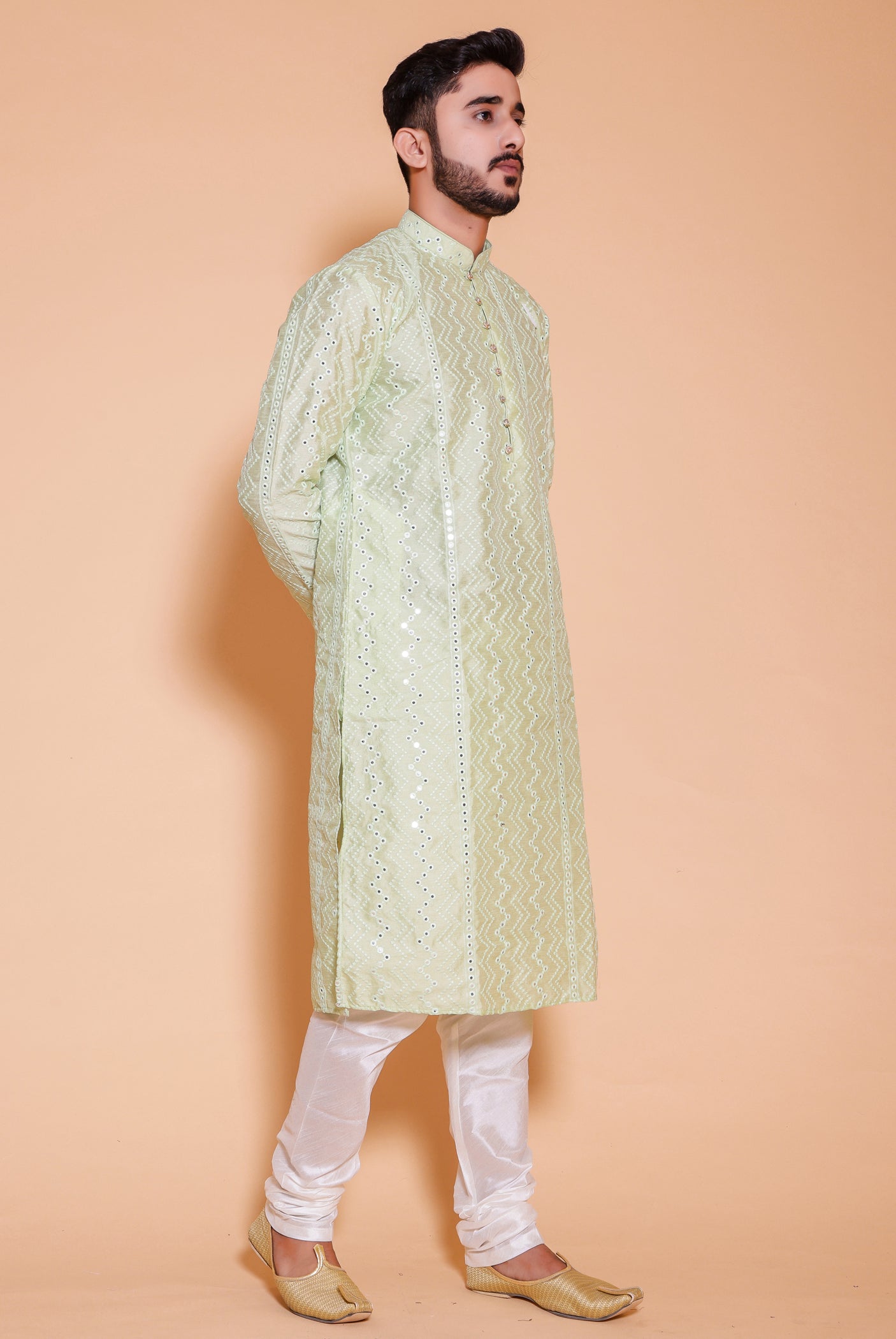 Mint Green Raw Silk Kurta Suit with mirror and thread work