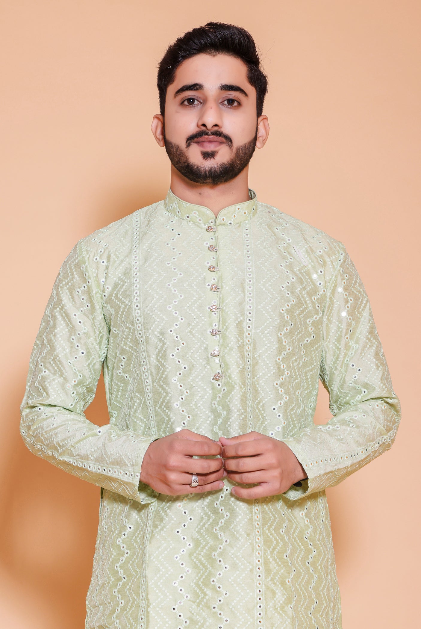 Mint Green Raw Silk Kurta Suit with mirror and thread work