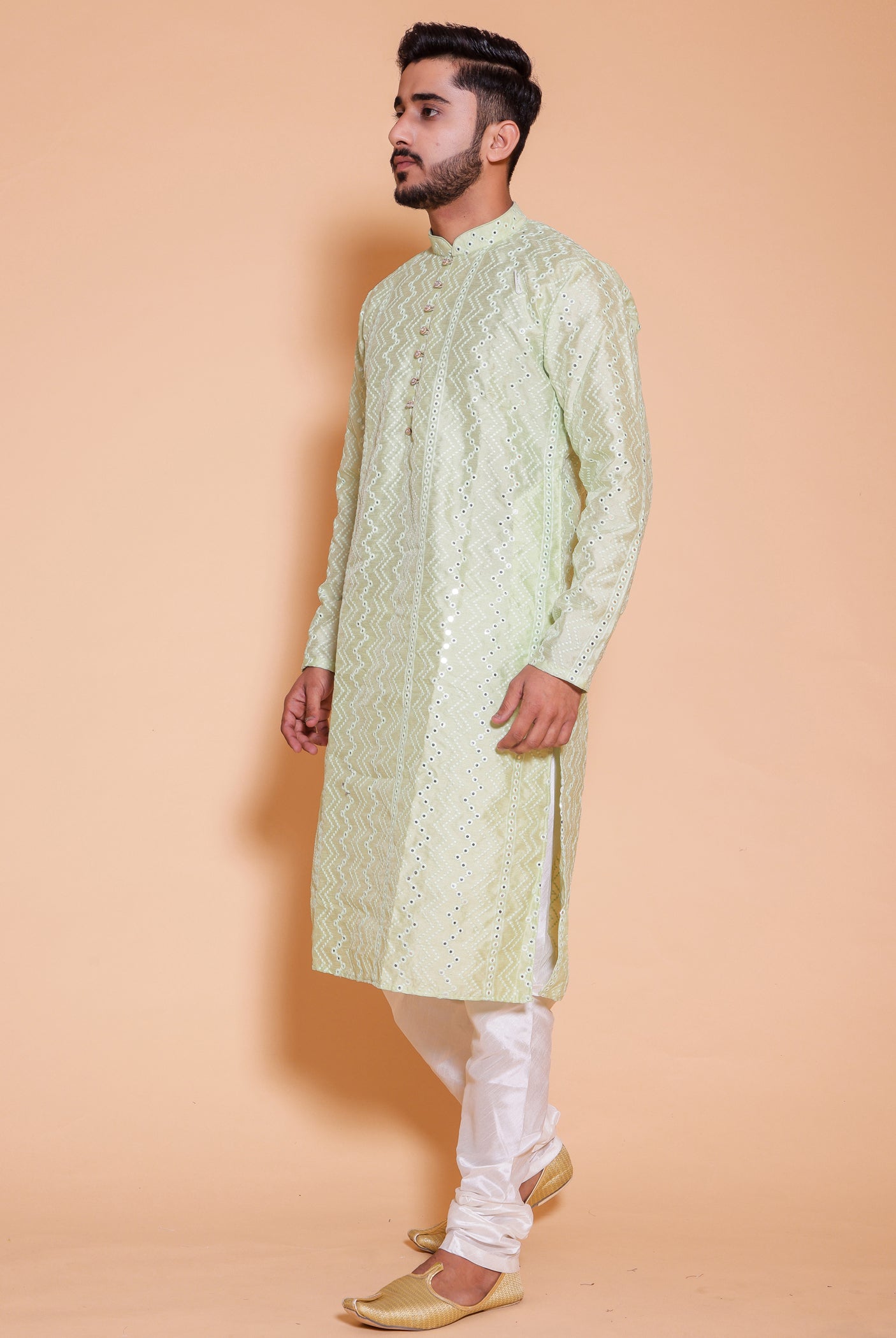 Mint Green Raw Silk Kurta Suit with mirror and thread work