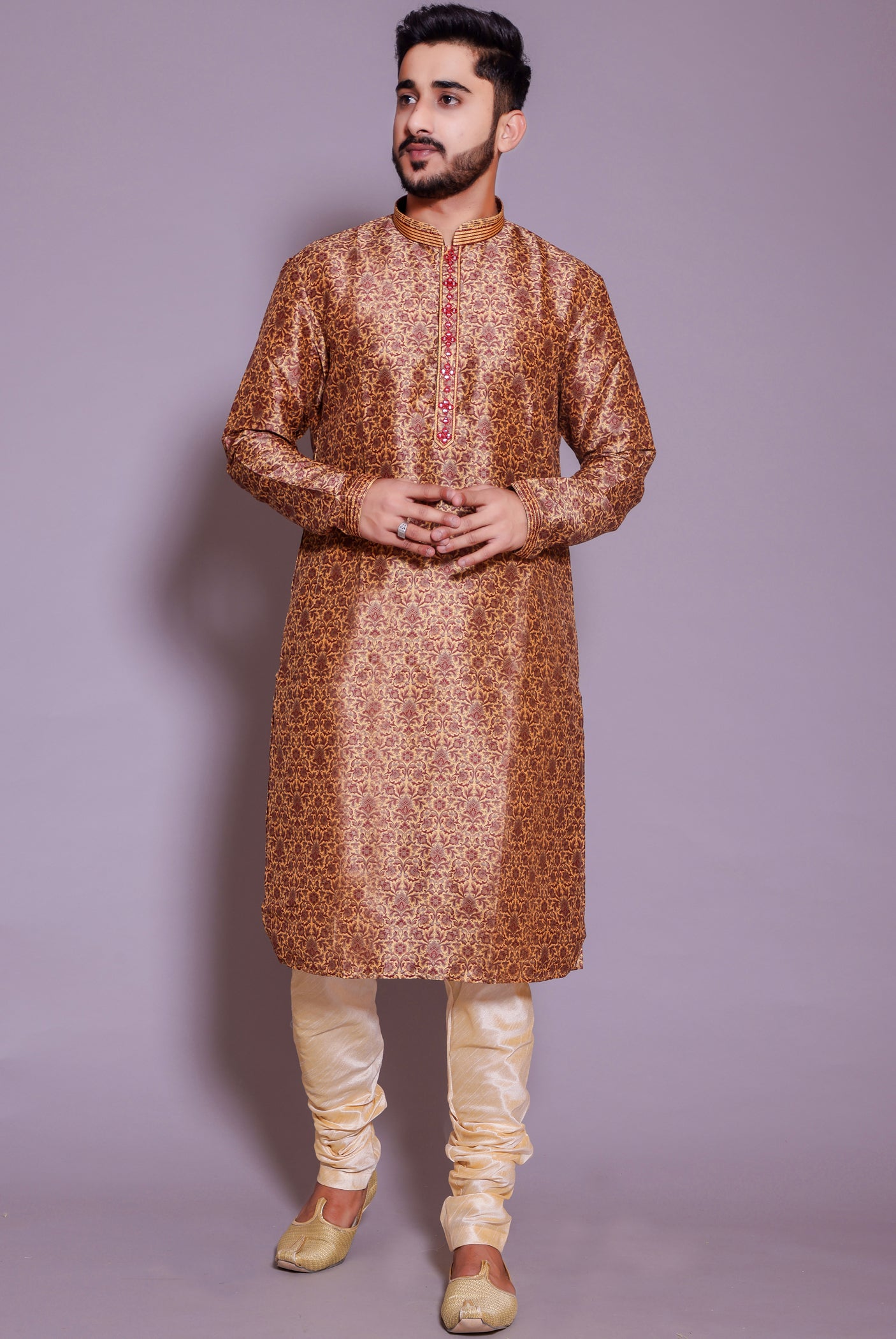 Reddish Mustard Floral print soft silk kurta suit