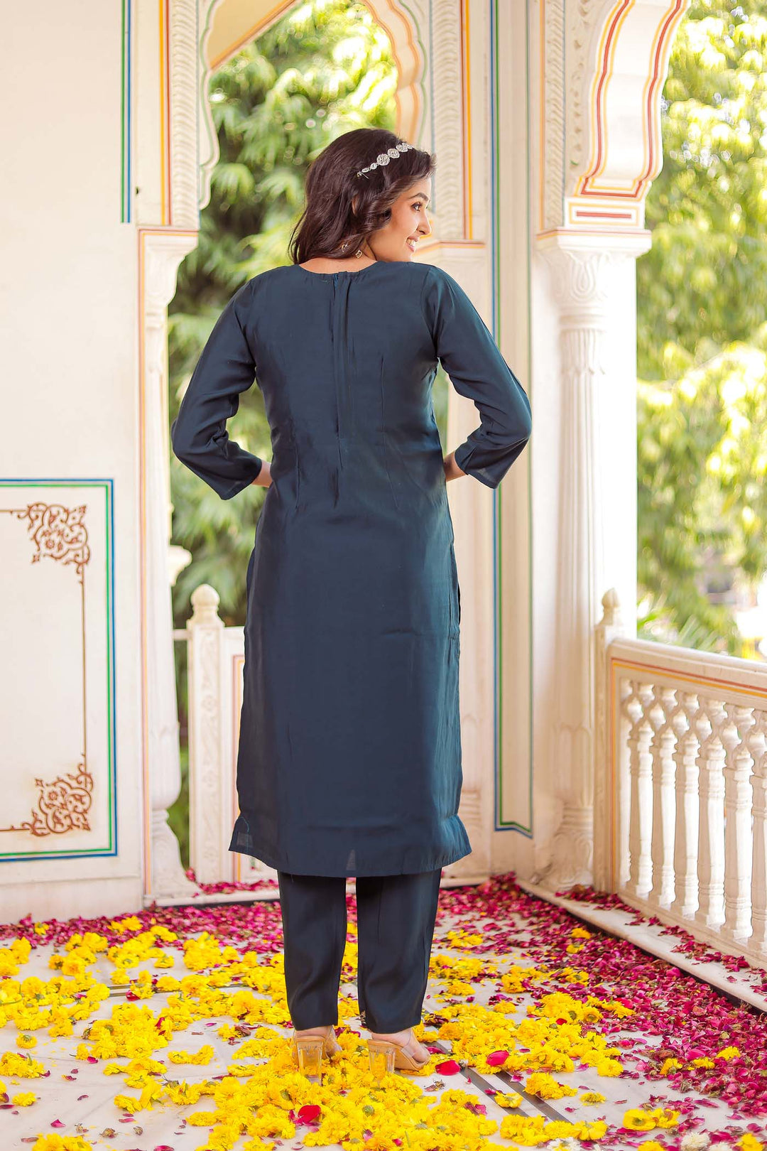 Dark Rama Silk Straight Cut Kurta Set