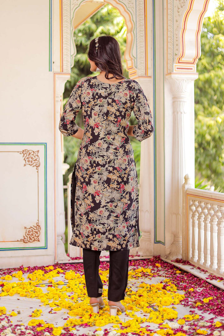 Black Floral Print Model Straight Cut Kurta Set