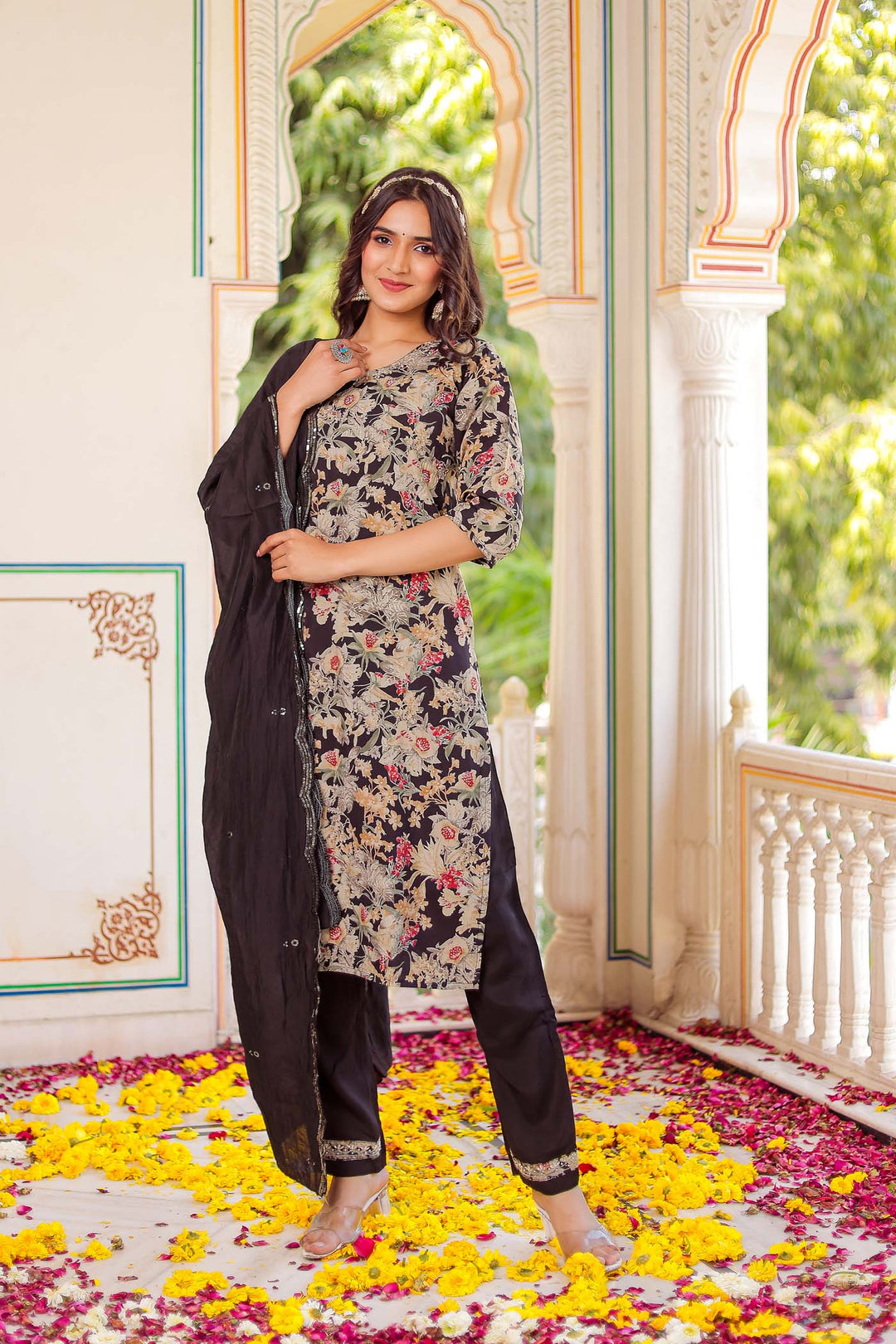 Black Floral Print Model Straight Cut Kurta Set