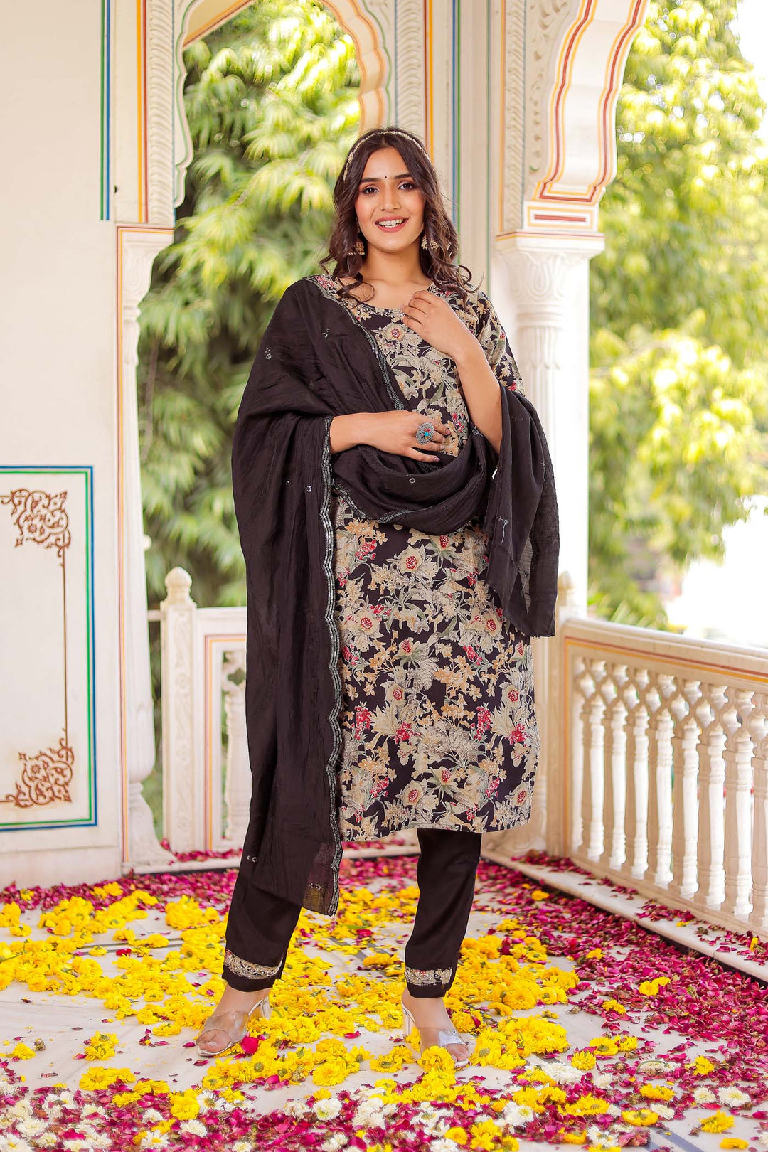 Black Floral Print Model Straight Cut Kurta Set