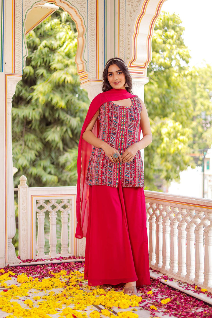 Pink Indo-Western Chinon Silk Palazzo Suit