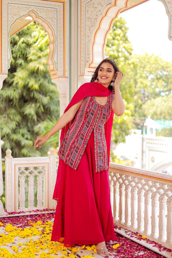 Pink Indo-Western Chinon Silk Palazzo Suit