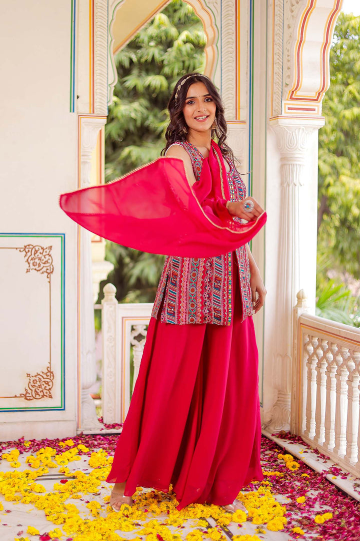 Pink Indo-Western Chinon Silk Palazzo Suit