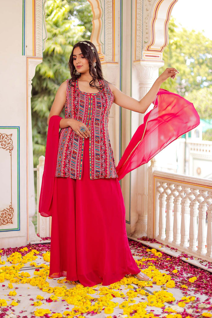 Pink Indo-Western Chinon Silk Palazzo Suit