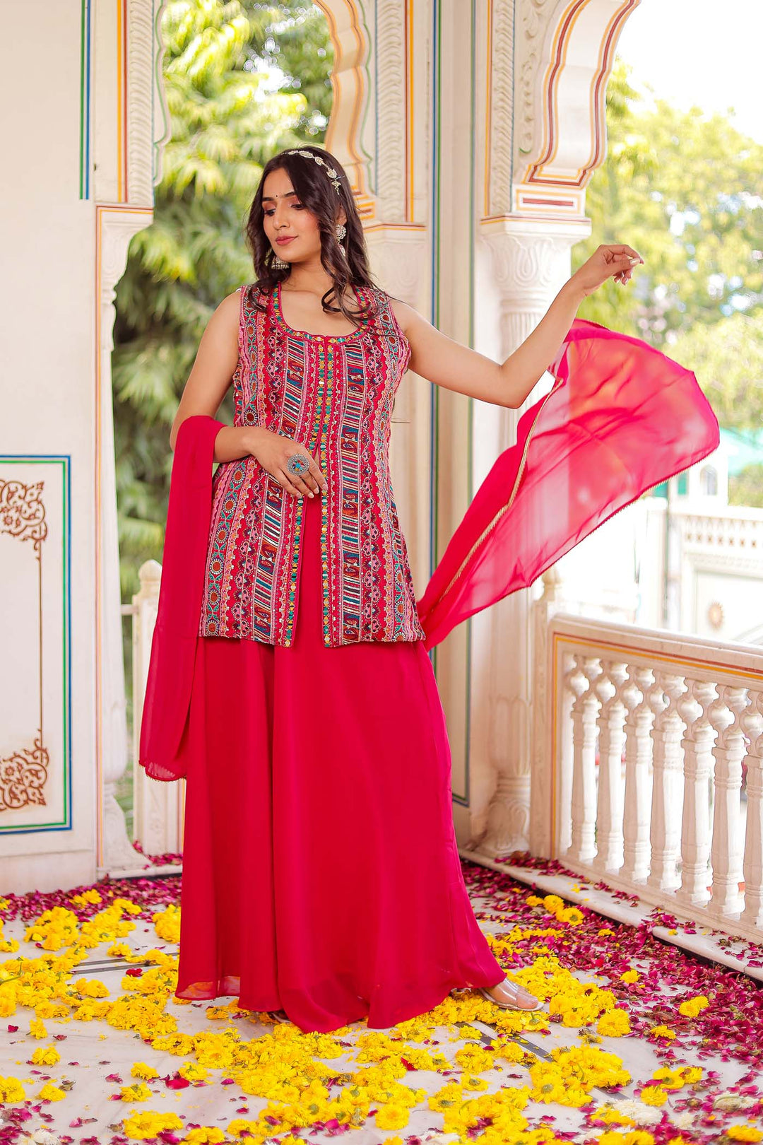 Pink Indo-Western Chinon Silk Palazzo Suit