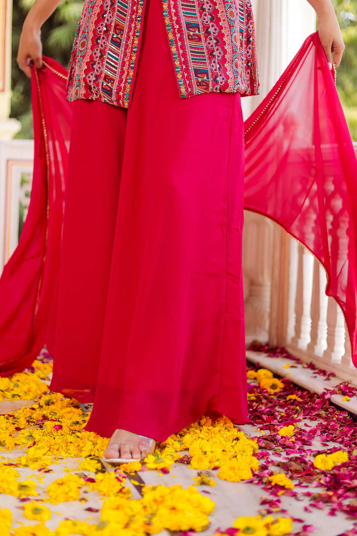 Pink Indo-Western Chinon Silk Palazzo Suit