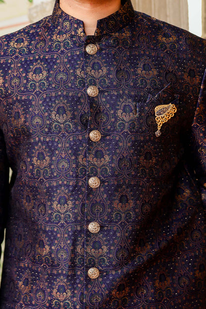 Navy Blue-Teal Brocade Silk Indo-Western Suit.