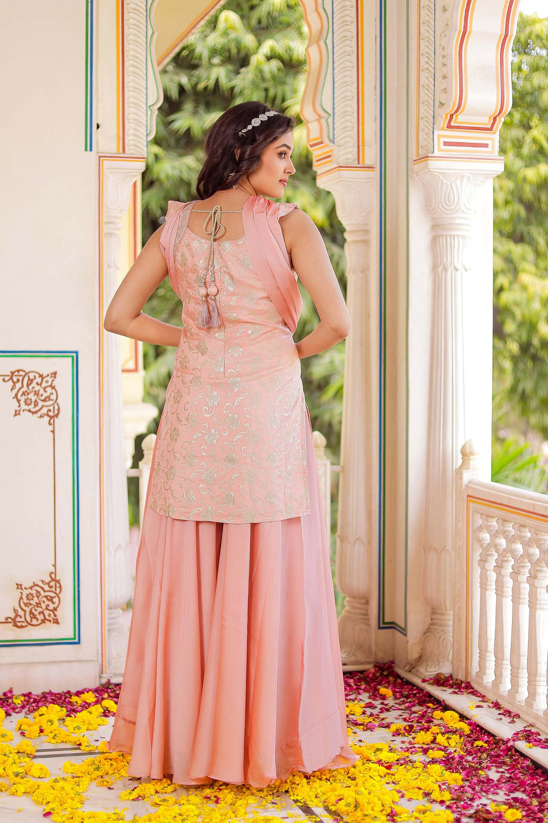 Peach Jacquard Silk Palazzo Suit