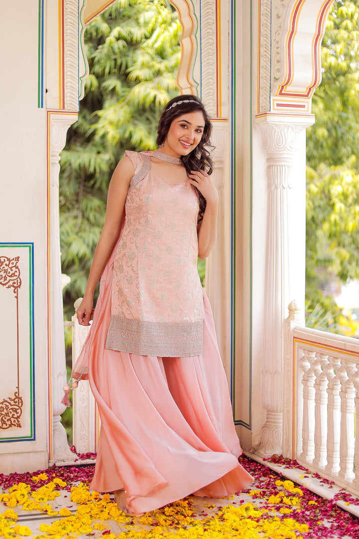 Peach Jacquard Silk Palazzo Suit