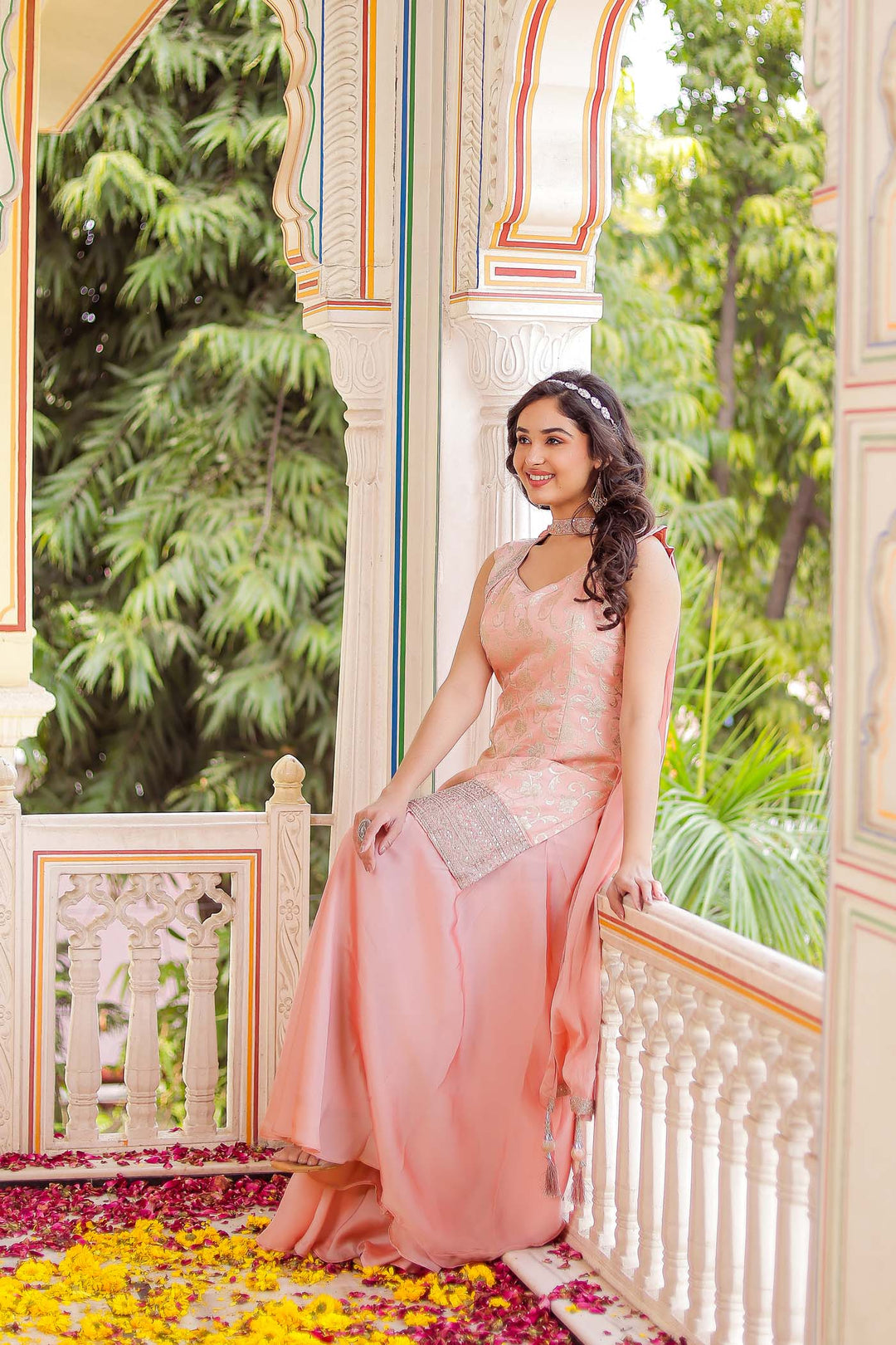 Peach Jacquard Silk Palazzo Suit