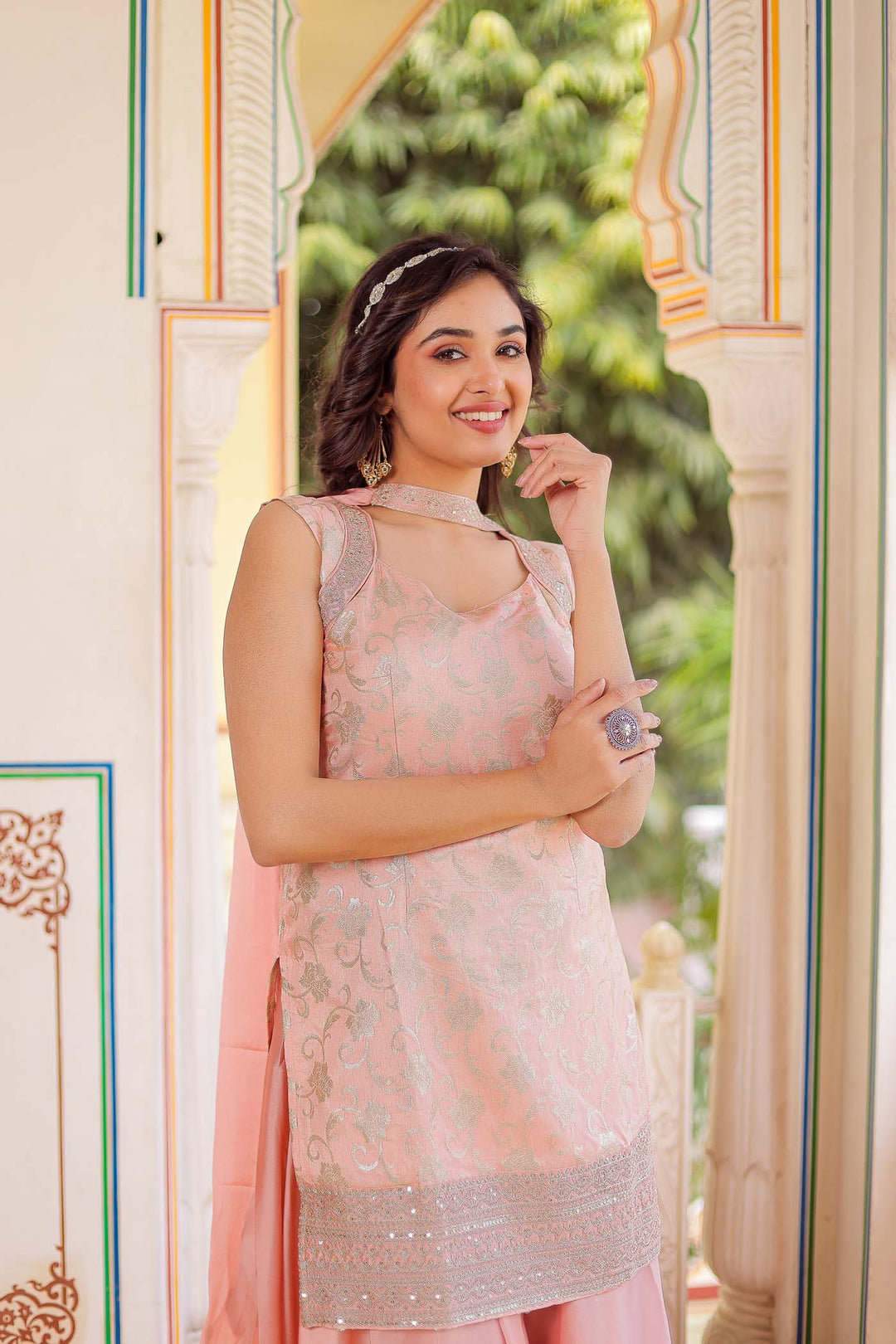 Peach Jacquard Silk Palazzo Suit