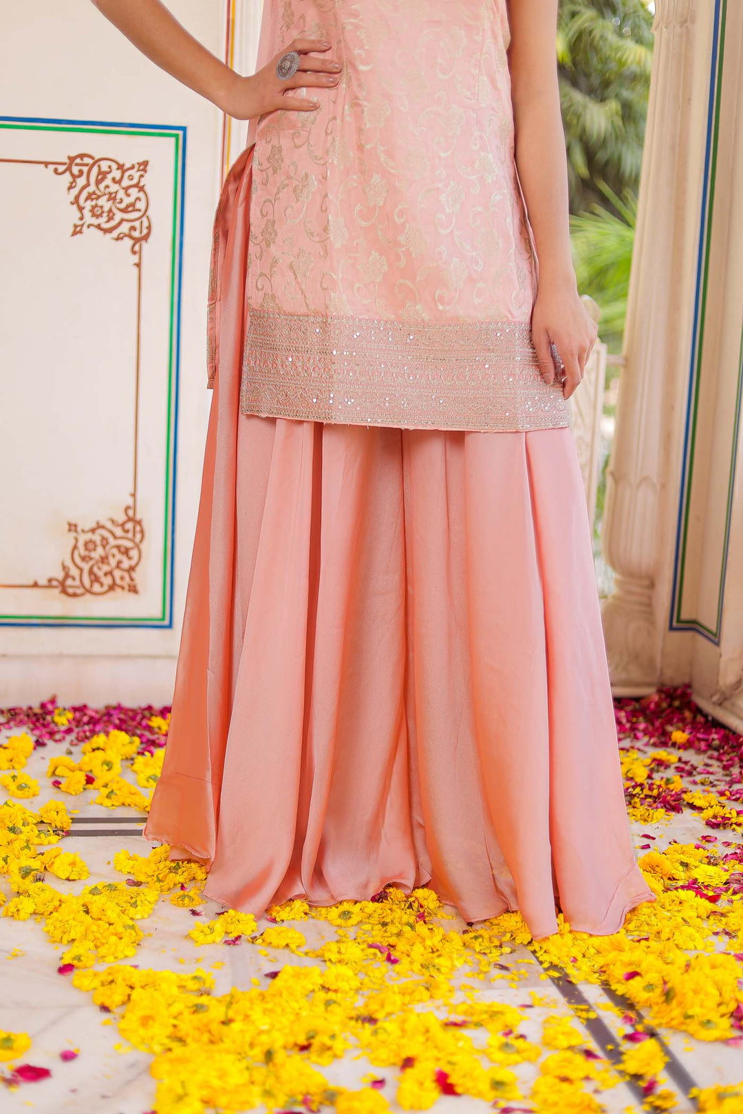 Peach Jacquard Silk Palazzo Suit