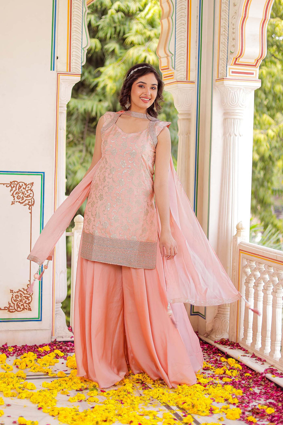 Peach Jacquard Silk Palazzo Suit