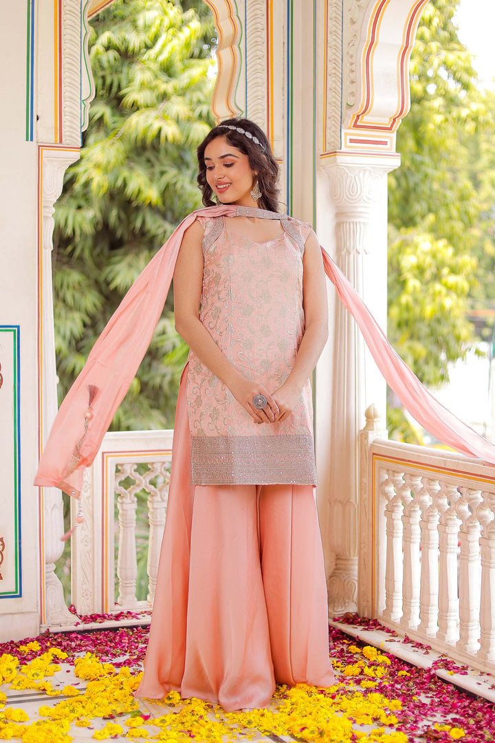 Peach Jacquard Silk Palazzo Suit