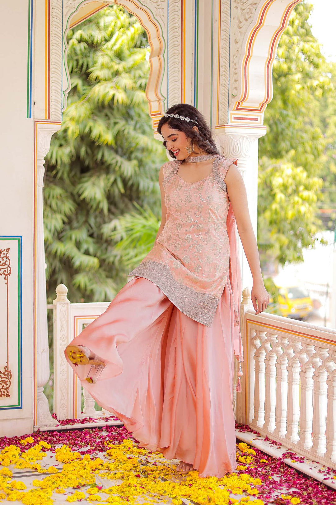 Peach Jacquard Silk Palazzo Suit