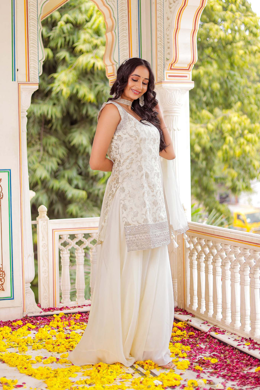 Cream Jacquard Silk Palazzo Suit