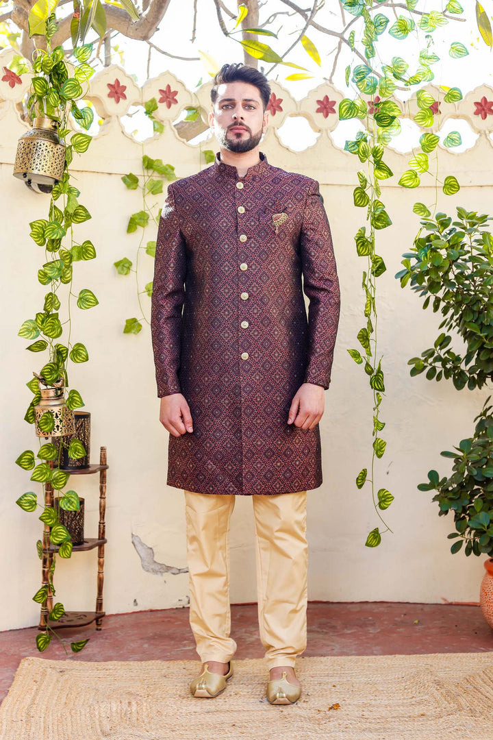 Maroon Navy Blue Brocade Silk Indo-Western Suit.