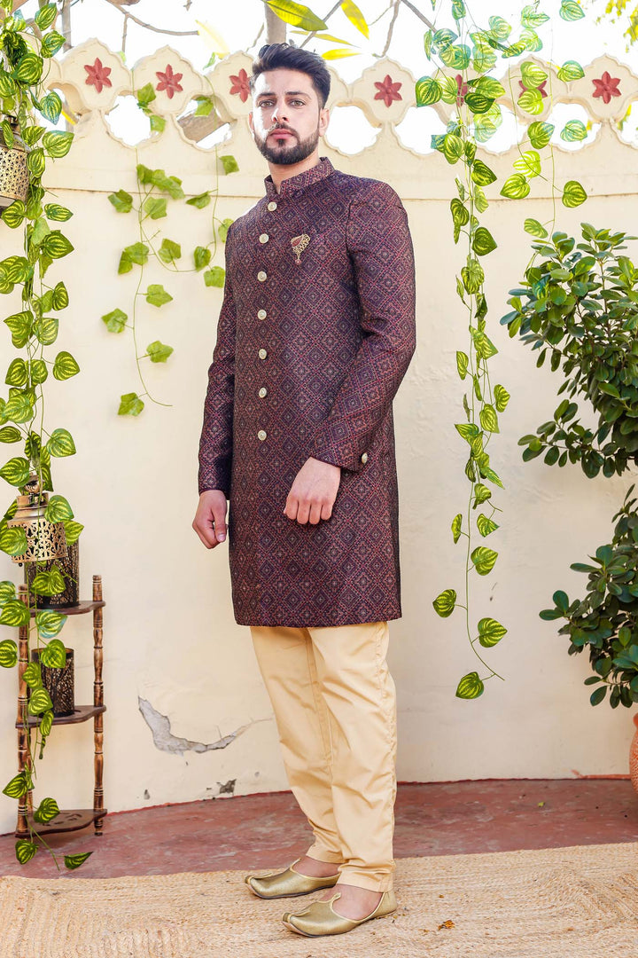 Maroon Navy Blue Brocade Silk Indo-Western Suit.