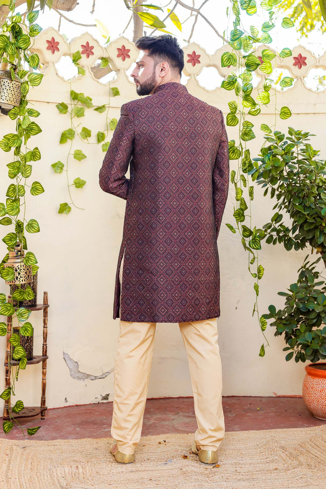 Maroon Navy Blue Brocade Silk Indo-Western Suit.