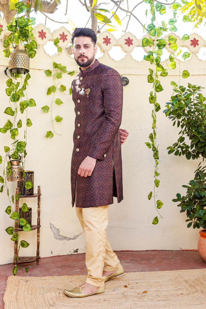 Maroon Navy Blue Brocade Silk Indo-Western Suit.