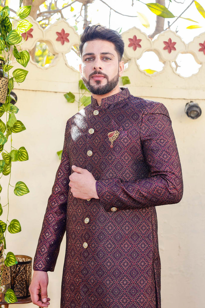 Maroon Navy Blue Brocade Silk Indo-Western Suit.