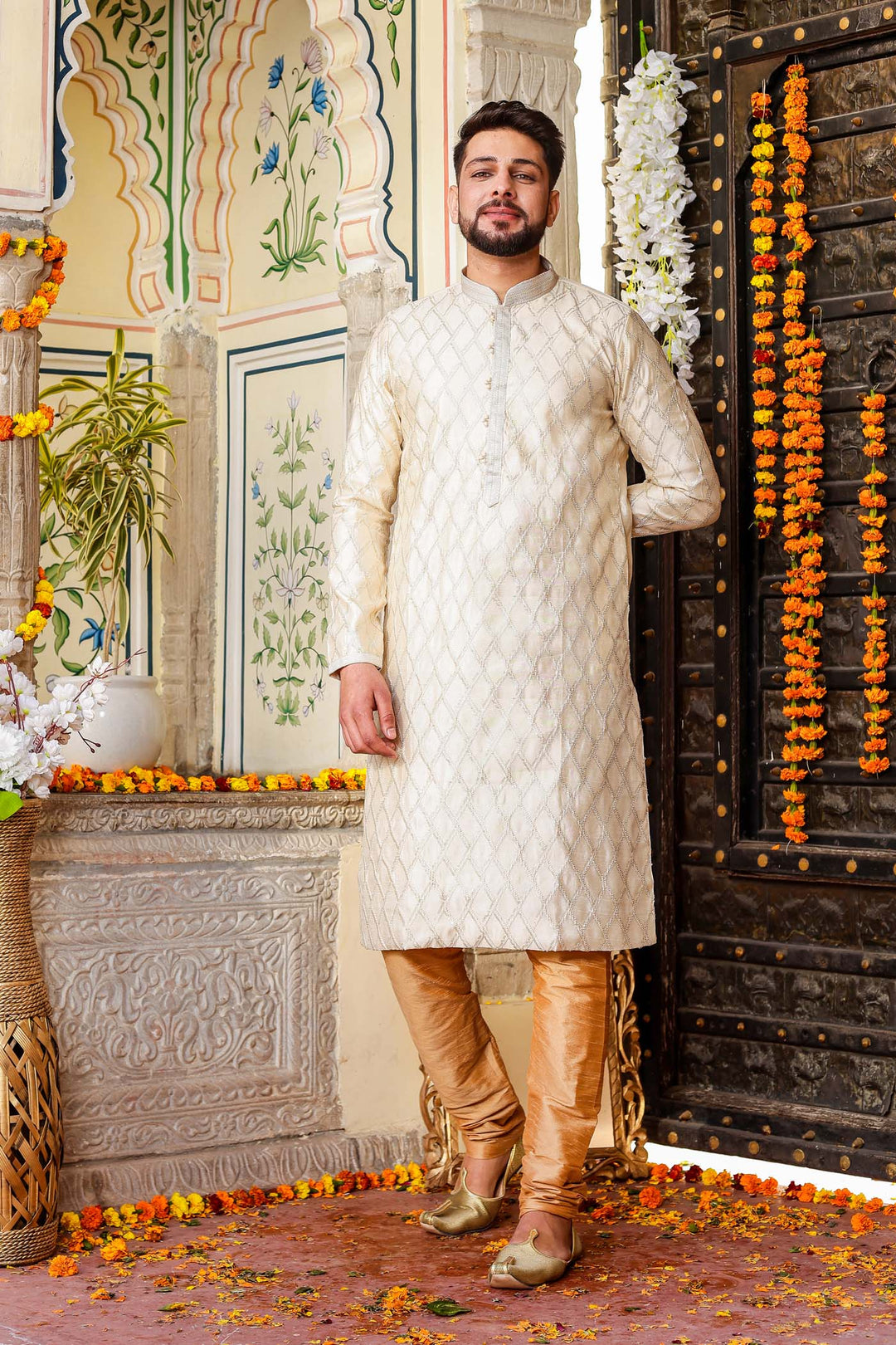 Cream Soft Silk Kurta Suit with Sequin Embroidery.