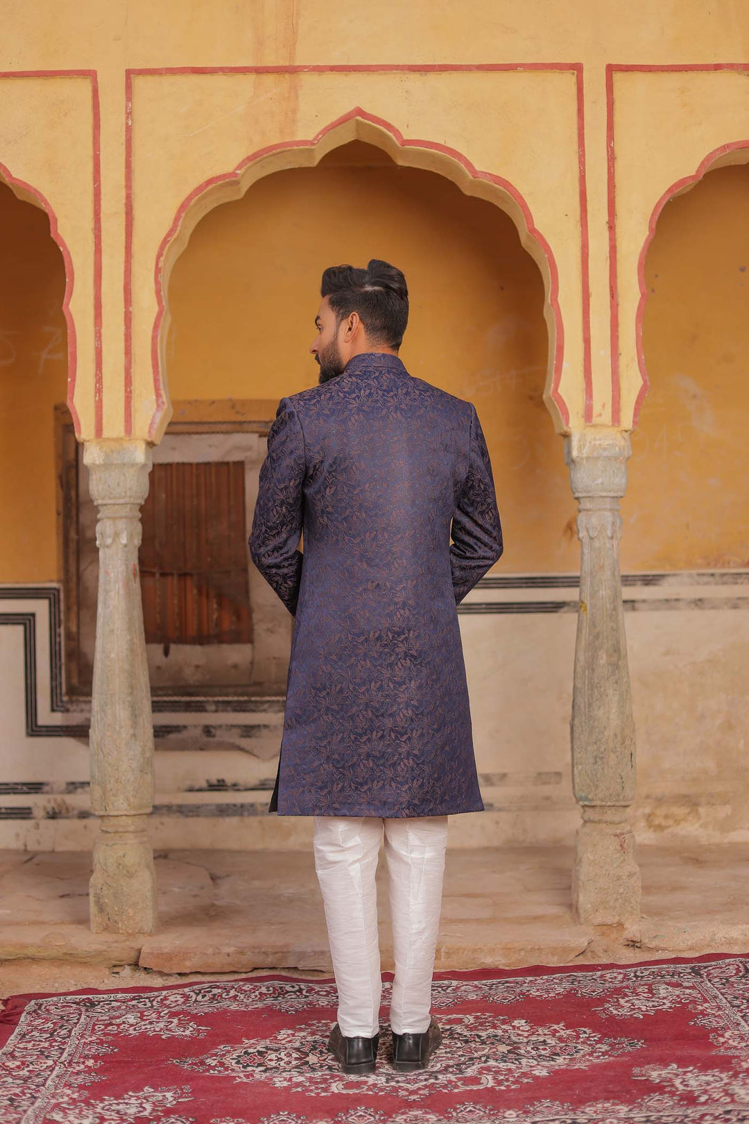 Navy Blue Brocade Silk Floral Print Indo-Western Suit