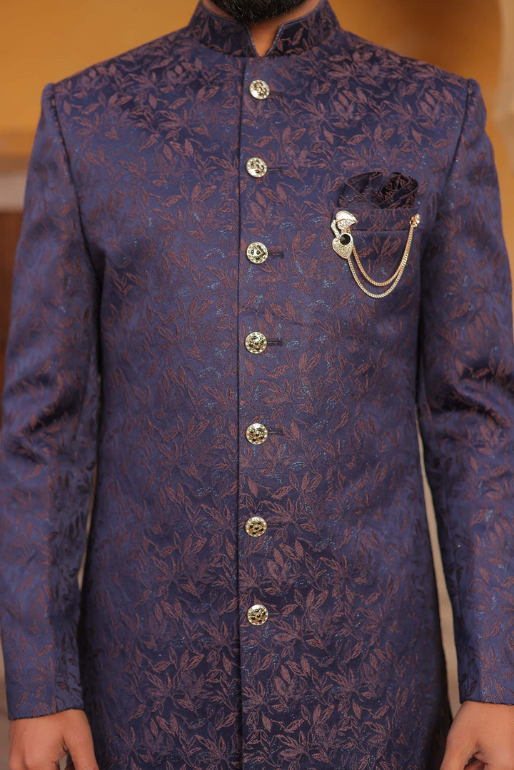 Navy Blue Brocade Silk Floral Print Indo-Western Suit