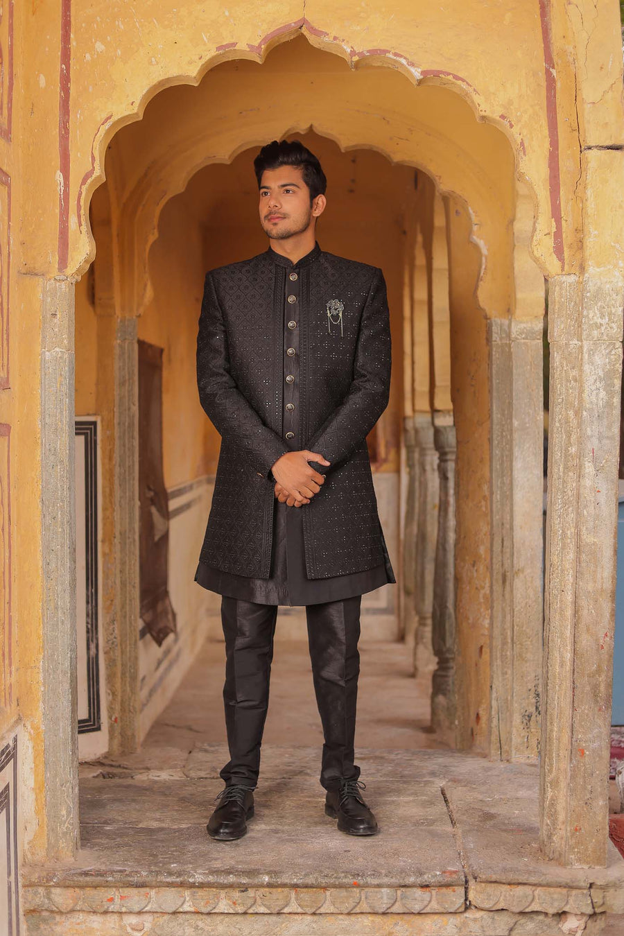 Black Raw Silk Embroidered Jacket Style Indo-wester Suit.