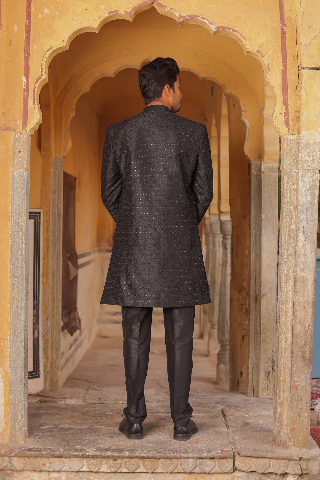Black Raw Silk Embroidered Jacket Style Indo-wester Suit.