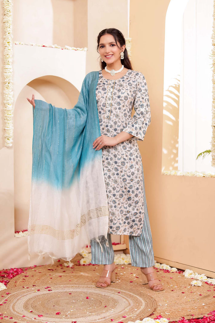 Light Rama Floral Printed Straight Cut Rayon Kurta Set.