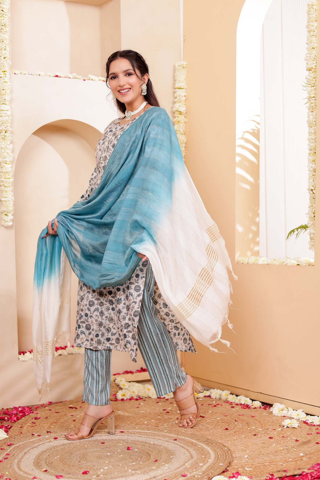 Light Rama Floral Printed Straight Cut Rayon Kurta Set.