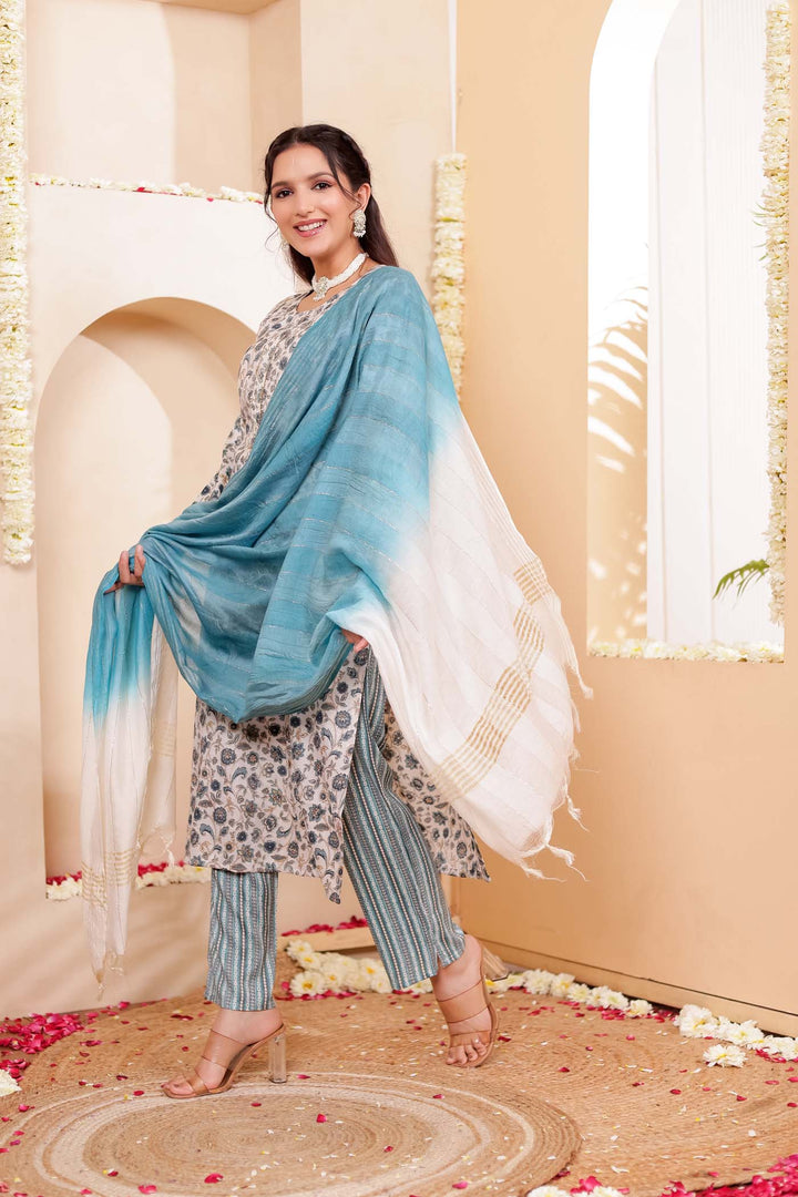 Light Rama Floral Printed Straight Cut Rayon Kurta Set.