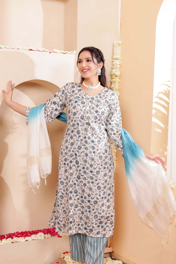 Light Rama Floral Printed Straight Cut Rayon Kurta Set.