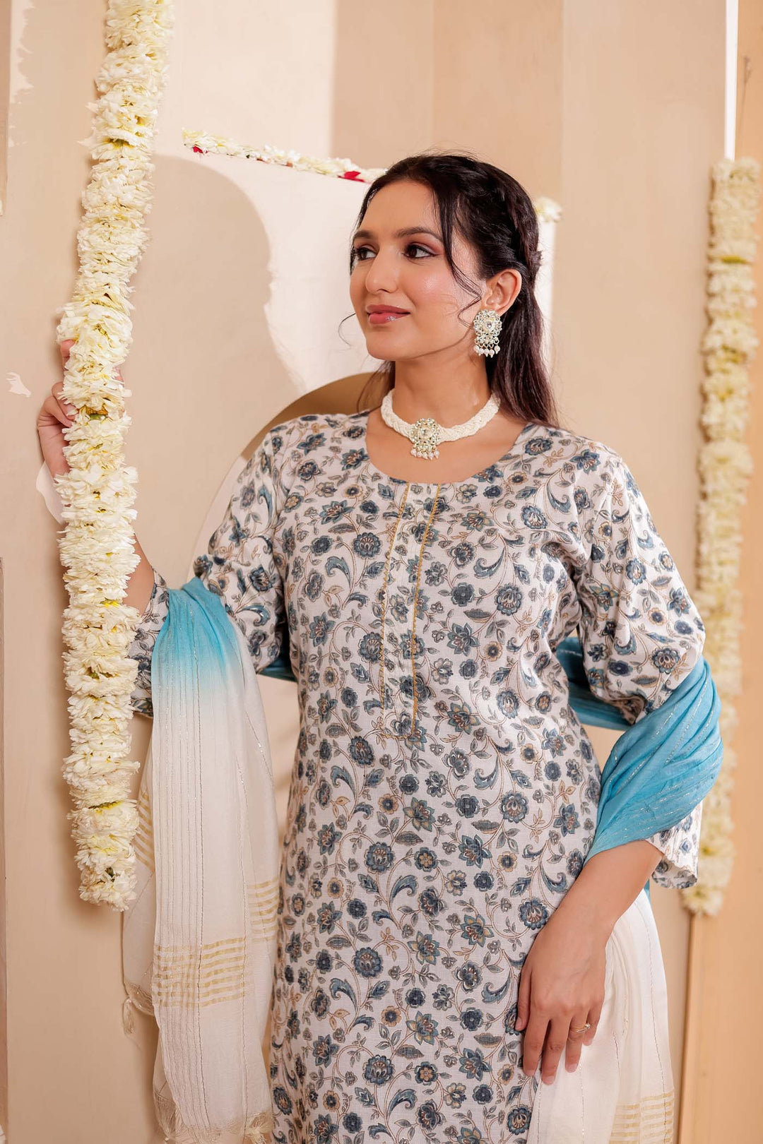 Light Rama Floral Printed Straight Cut Rayon Kurta Set.