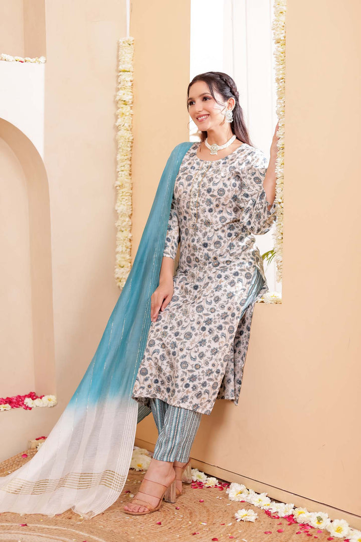 Light Rama Floral Printed Straight Cut Rayon Kurta Set.