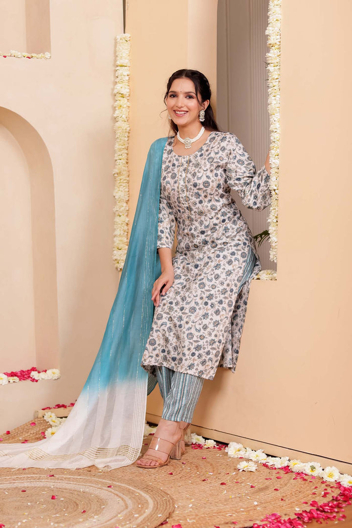 Light Rama Floral Printed Straight Cut Rayon Kurta Set.