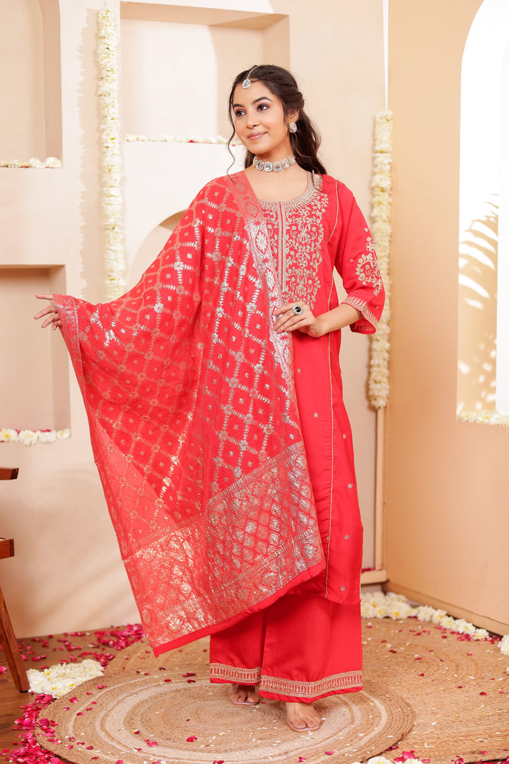Red Blue Soft Silk Straight Cut Kurta Set
