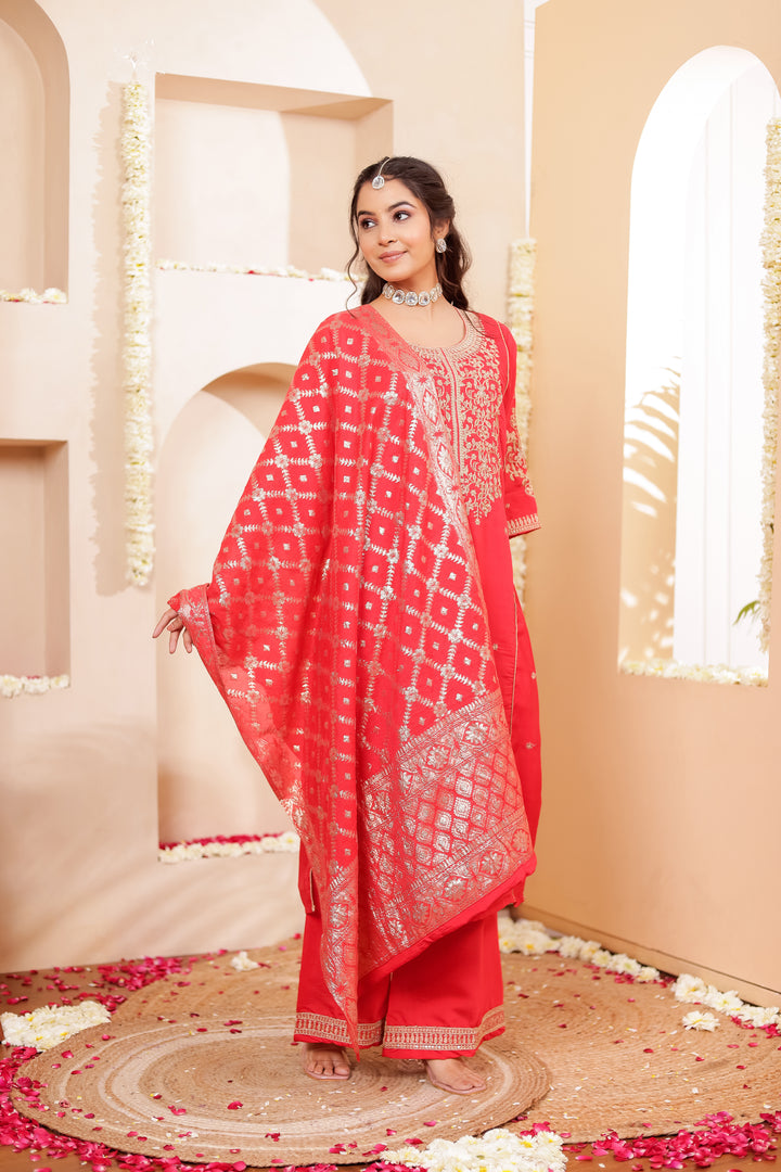 Red Blue Soft Silk Straight Cut Kurta Set