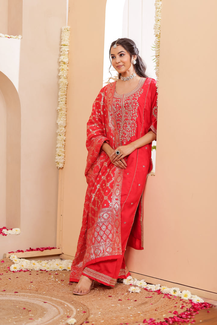 Red Blue Soft Silk Straight Cut Kurta Set