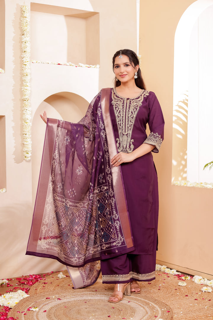 Purple Soft Silk Straight Cut Kurta Set