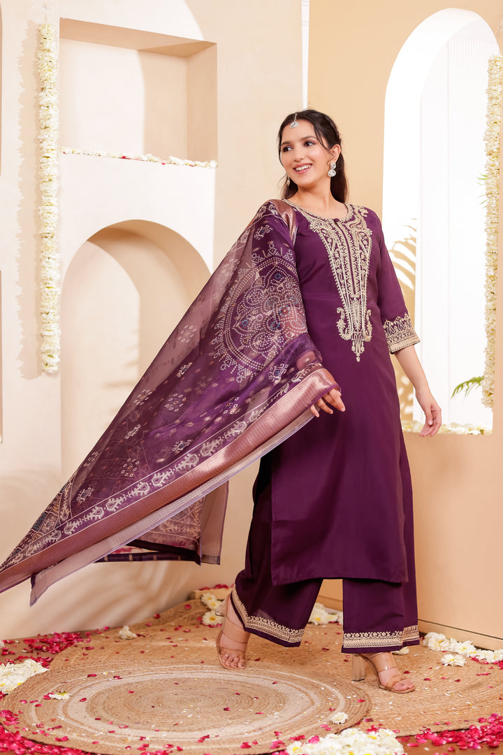 Purple Soft Silk Straight Cut Kurta Set
