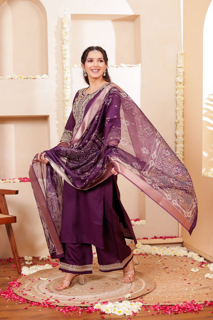 Purple Soft Silk Straight Cut Kurta Set