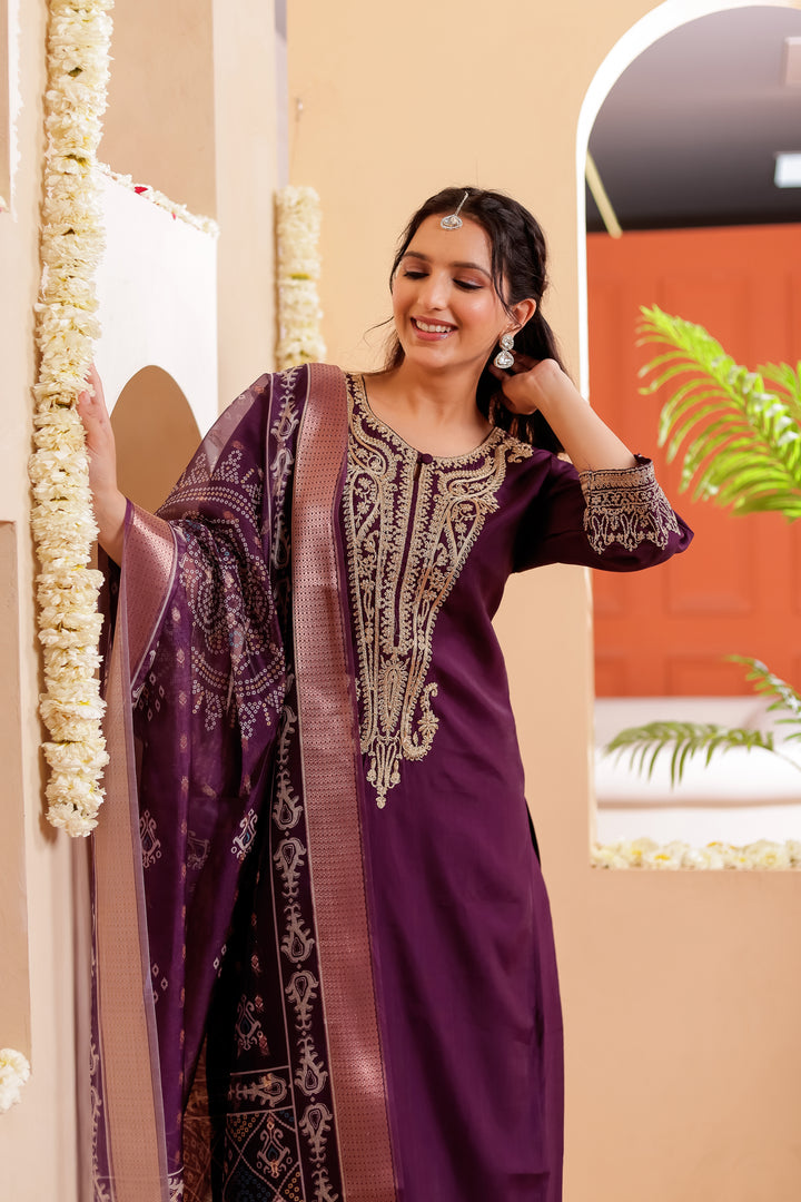 Purple Soft Silk Straight Cut Kurta Set